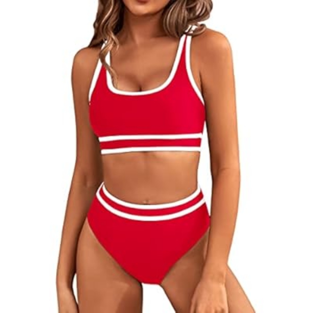 Amazon (BJML) Red High Waisted Sporty High Cut Bikini Set Size Large